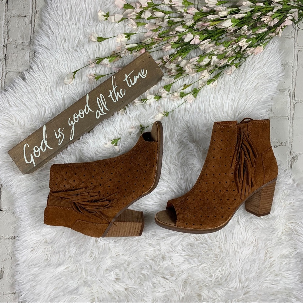 TOMS Majorca Peep Toe Bootie Cinnamon Suede 6.5